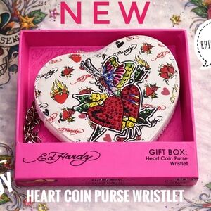 New! Ed Hardy Rhinestone Heart Coin Purse Wristlet • Butterfly Tattoo • Y2K